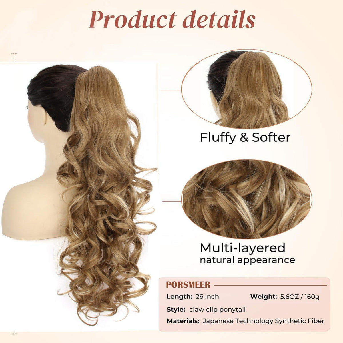 Voluminöser Pferdeschwanz mit Klammer – Mittelblond mit Highlights