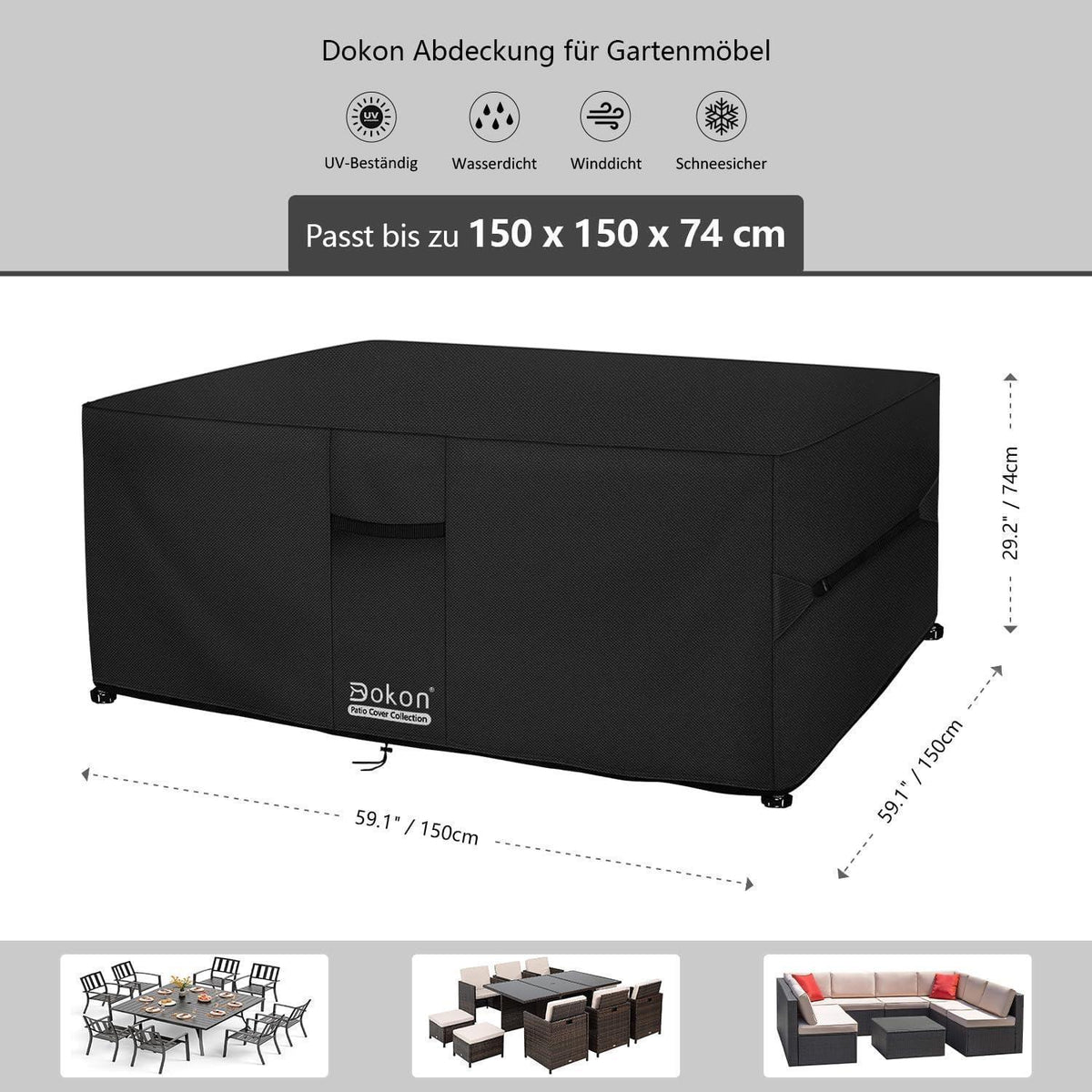 Wasserdichte Gartenmöbel Abdeckung 150x150x74cm mit Belüftung