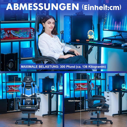 Gaming Stuhl mit Fußstütze und Lendenkissen, blau