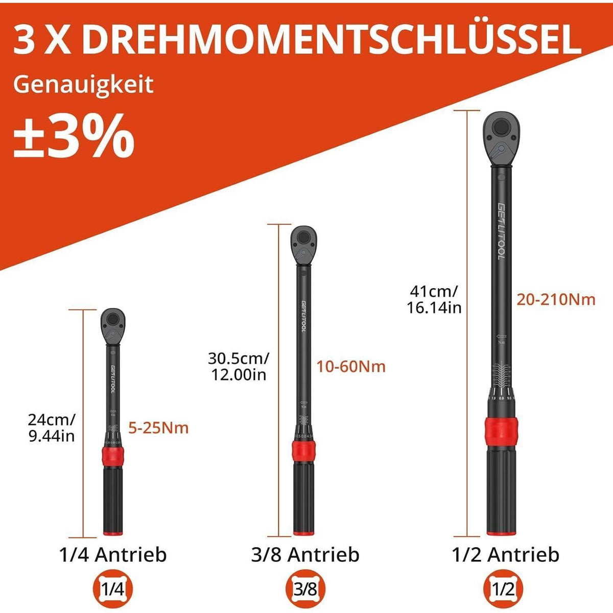 Drehmomentschlüssel Set 3-teilig 1/4" 3/8" 1/2" Cr-Mo Stahl