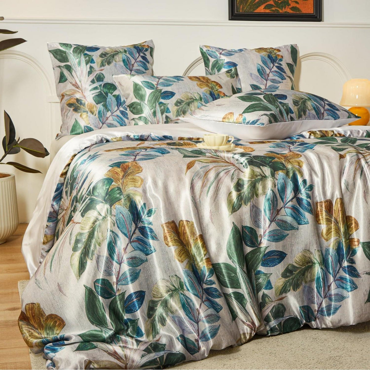 Satin Bettwäsche Set 135x200 - 4-teilig mit Blättermotiv