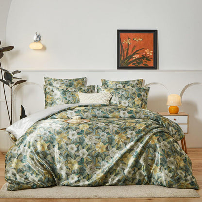 Satin Bettwäsche Set 135x200 Blumen Blätter Deluxe