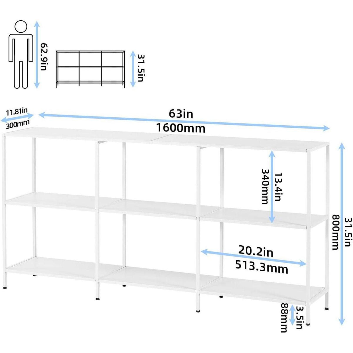 Moderner Konsolentisch Metall weiß – 160x30x80cm mit 3 Ablagen