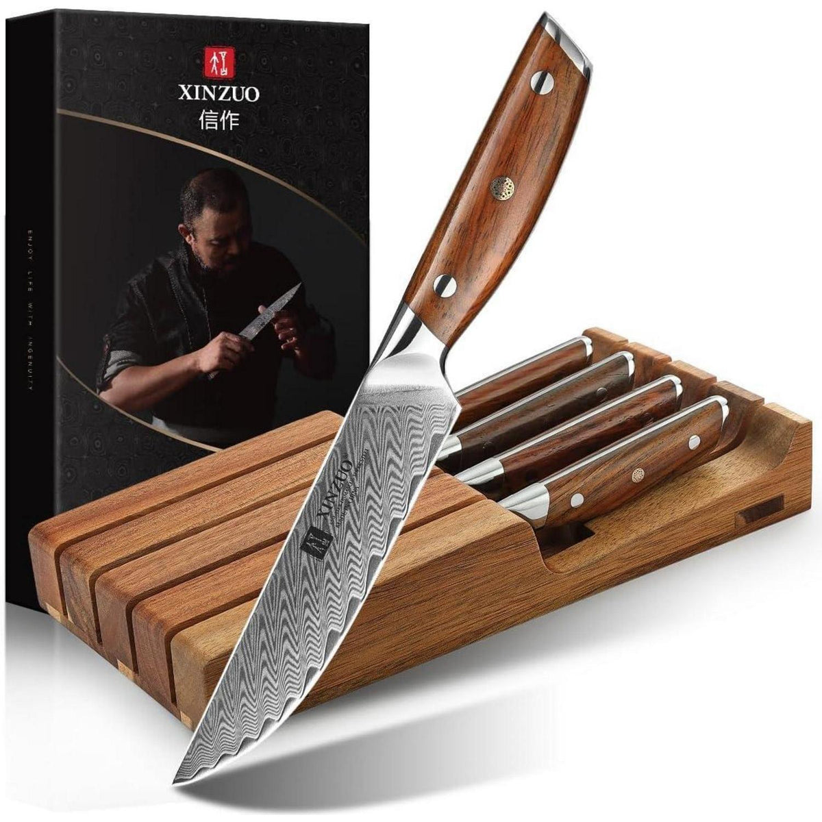 5-teiliges Steakmesser Set aus Damaststahl mit Holzhalter
