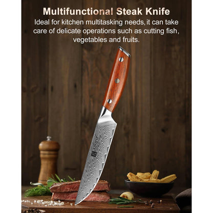 5-teiliges Steakmesser Set aus Damaststahl mit Holzhalter