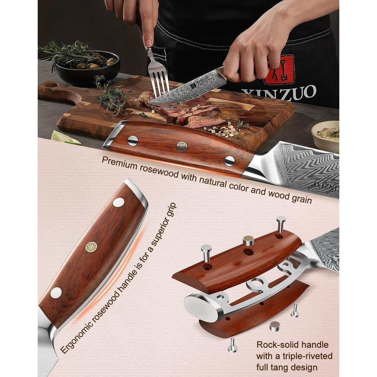 5-teiliges Steakmesser Set aus Damaststahl mit Holzhalter