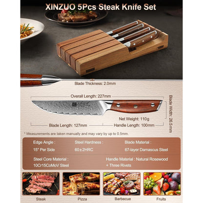 5-teiliges Steakmesser Set aus Damaststahl mit Holzhalter