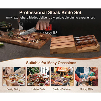 5-teiliges Steakmesser Set aus Damaststahl mit Holzhalter