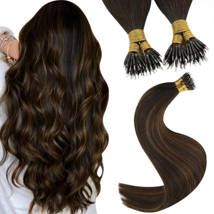 Echthaar Nano Extensions Ombre Dunkelbraun 60cm