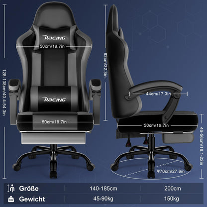 Ergonomischer Gaming Stuhl mit Fußstütze, bis 150kg, Grau