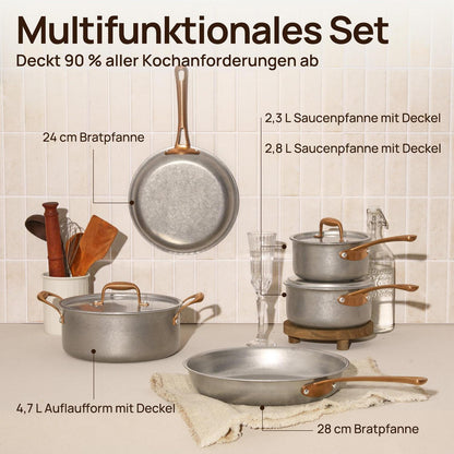 Edelstahl Topfset 8-teilig Induktion | Vintage Kochtopf & Pfannen Set