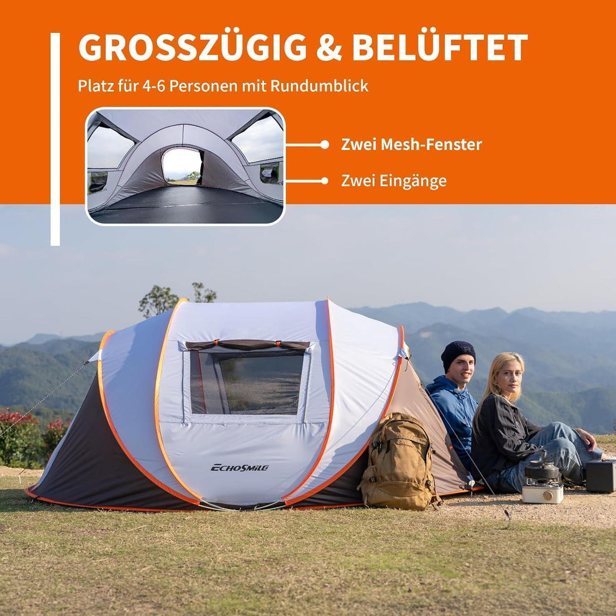 Wurfzelt 4-6 Personen wasserdicht mit 2 Fenstern und schneller Aufbau