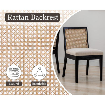 Esszimmerstühle 2er Set Leinen & Rattan Vintage Schwarz