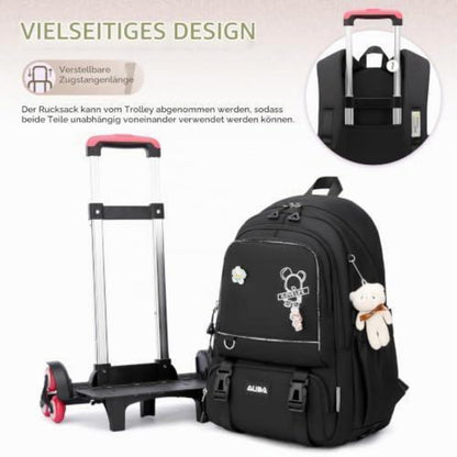 Schulrucksack Trolley Mädchen Teenager 6 Rollen Schwarz