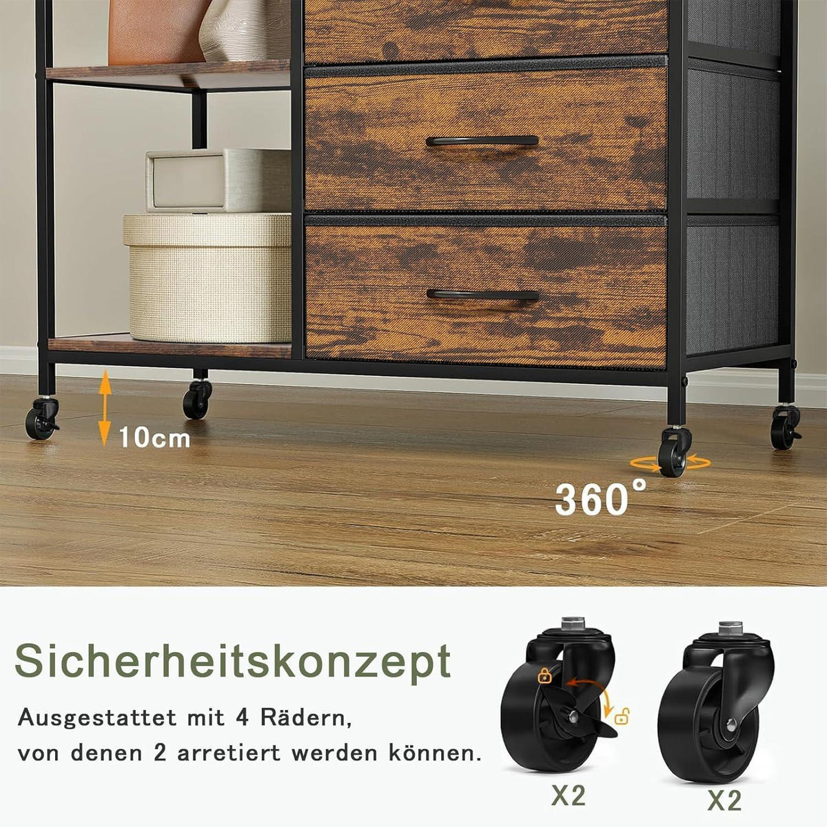 Fahrbarer Kleiderständer mit Schubladen & Haken – Rustikales Braun