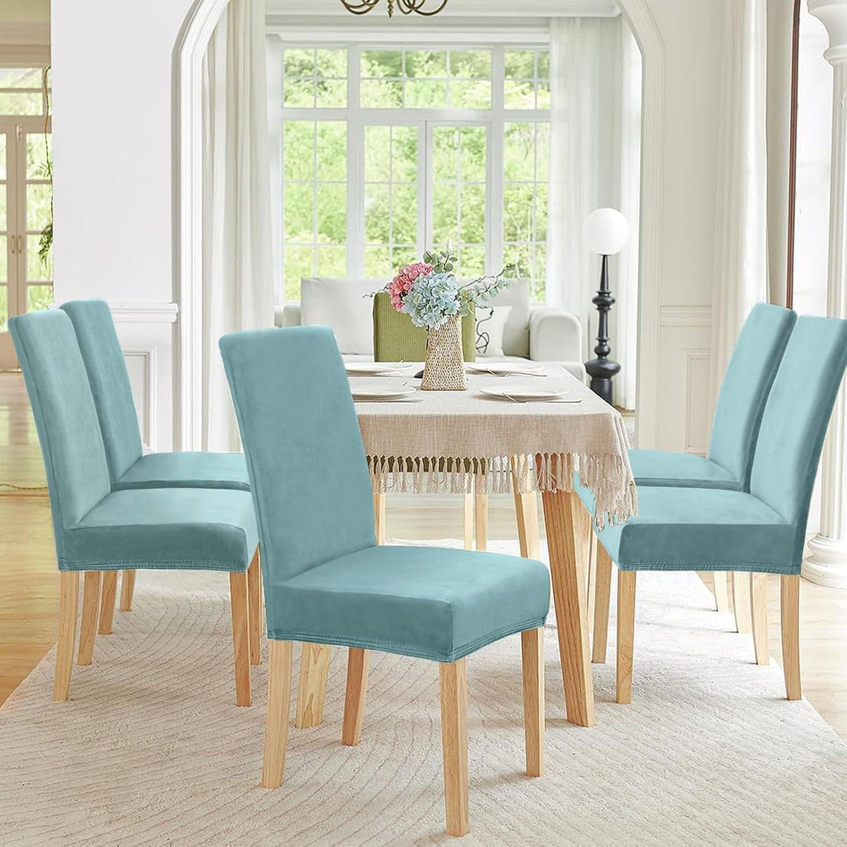Samt Stuhlhussen 6er Set – Elastisch & Waschbar – Graublau