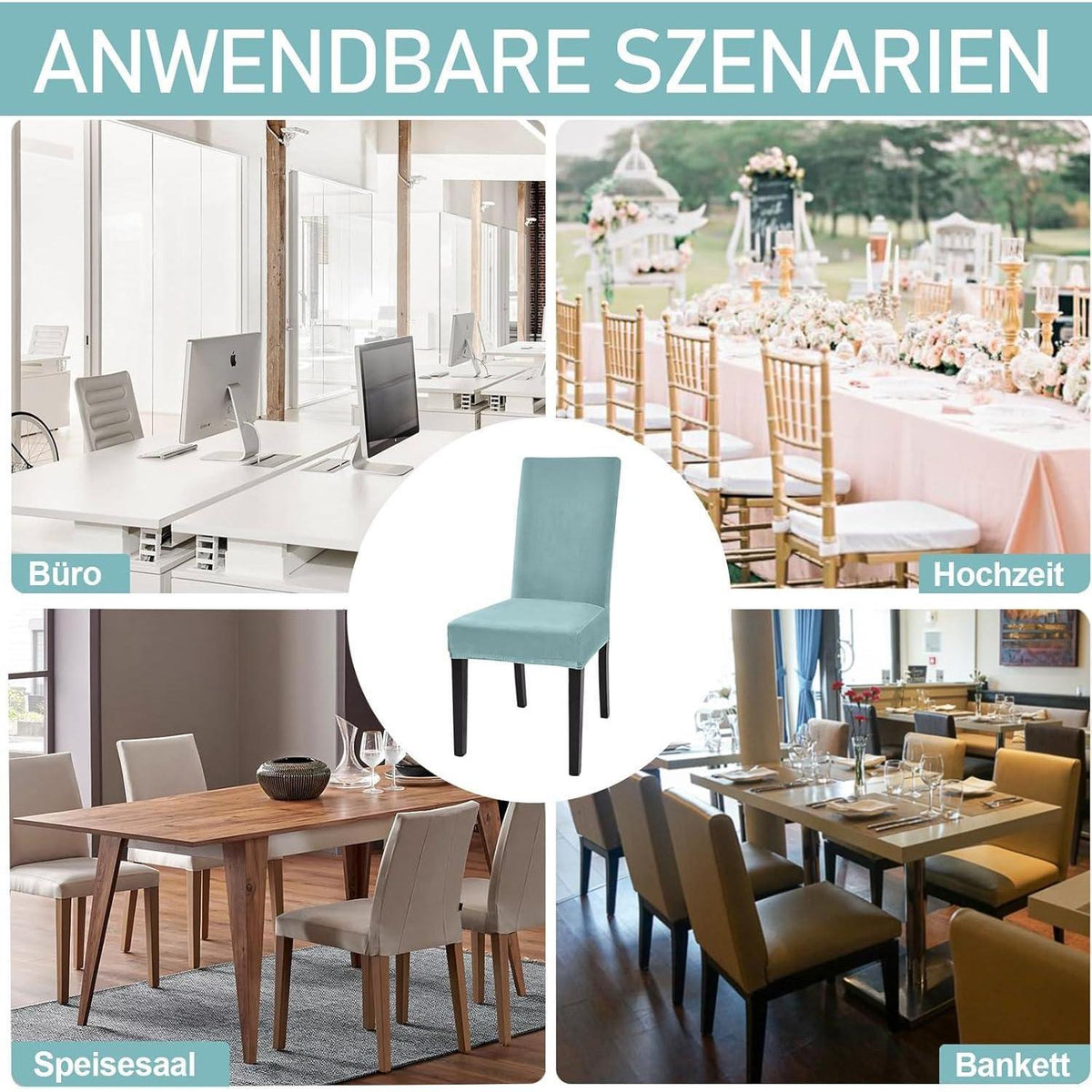 Samt Stuhlhussen 6er Set – Elastisch & Waschbar – Graublau