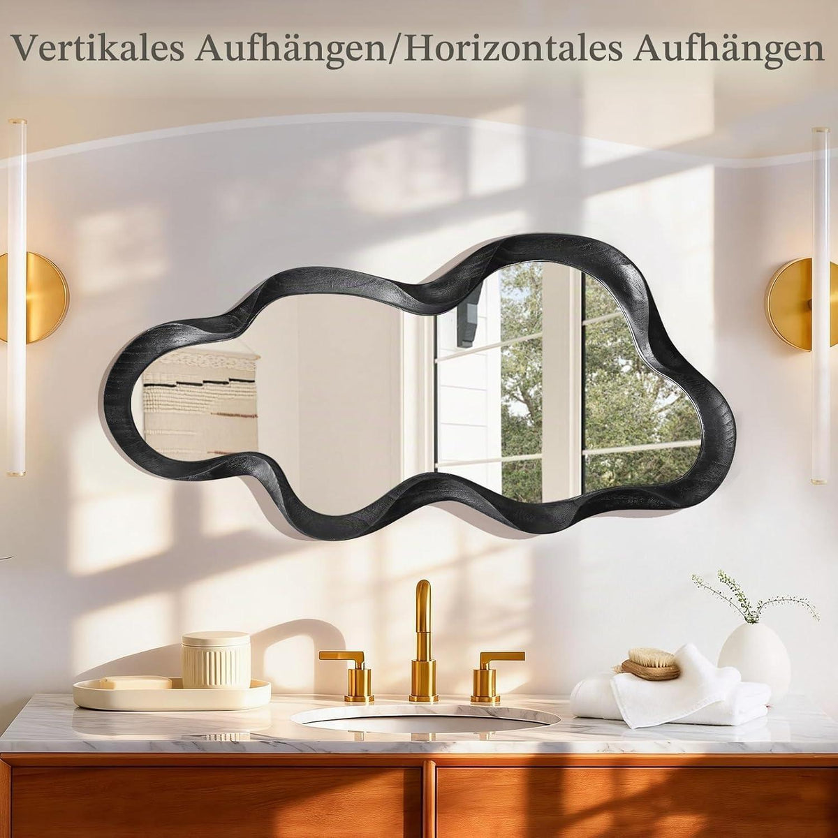 Asymmetrischer Wandspiegel Schwarz mit Holzrahmen – 76x36 cm