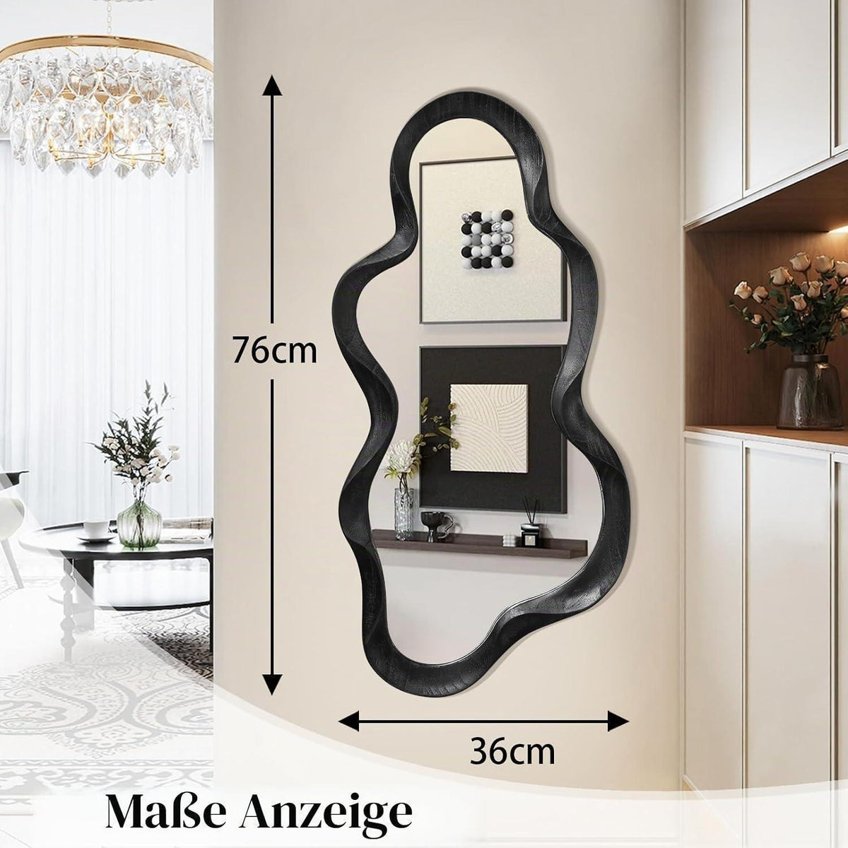 Asymmetrischer Wandspiegel Schwarz mit Holzrahmen – 76x36 cm