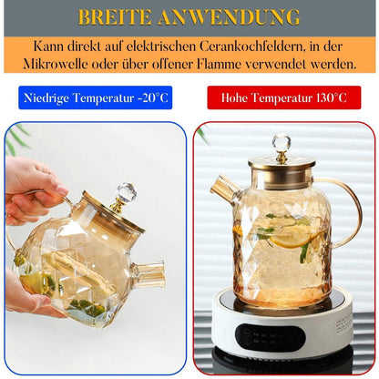 Glas Teekanne 1L mit Edelstahl Deckel - Auslaufsicher