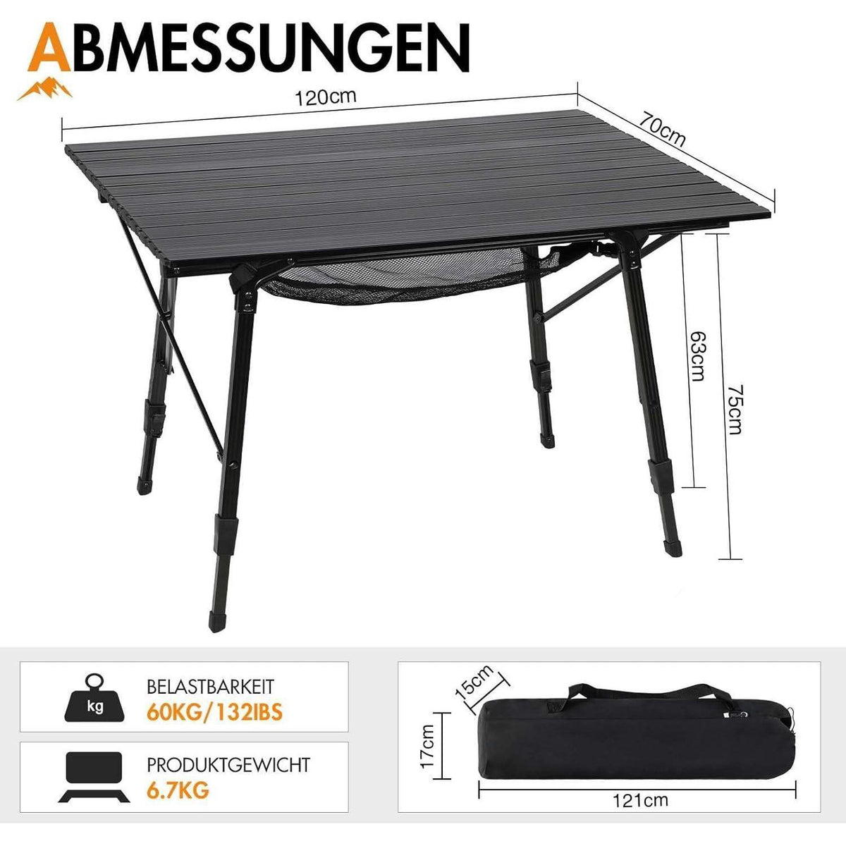 Portal Campingtisch faltbar höhenverstellbar 120x70cm Aluminium Schwarz