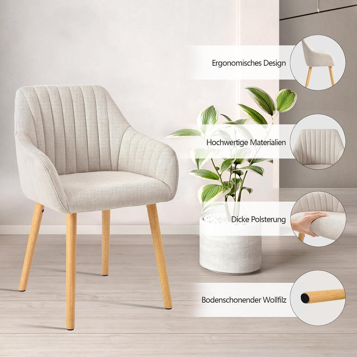 Esszimmerstühle Beige mit Armlehne – 2er Set Holzbeine