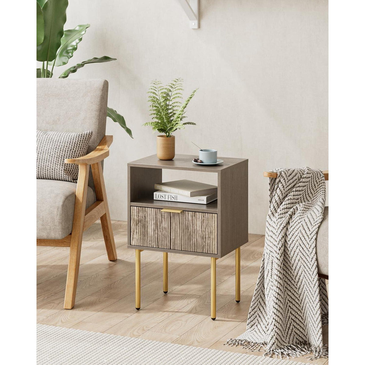 Nachttisch Grau mit Schublade und Ablage, Modern & Boho