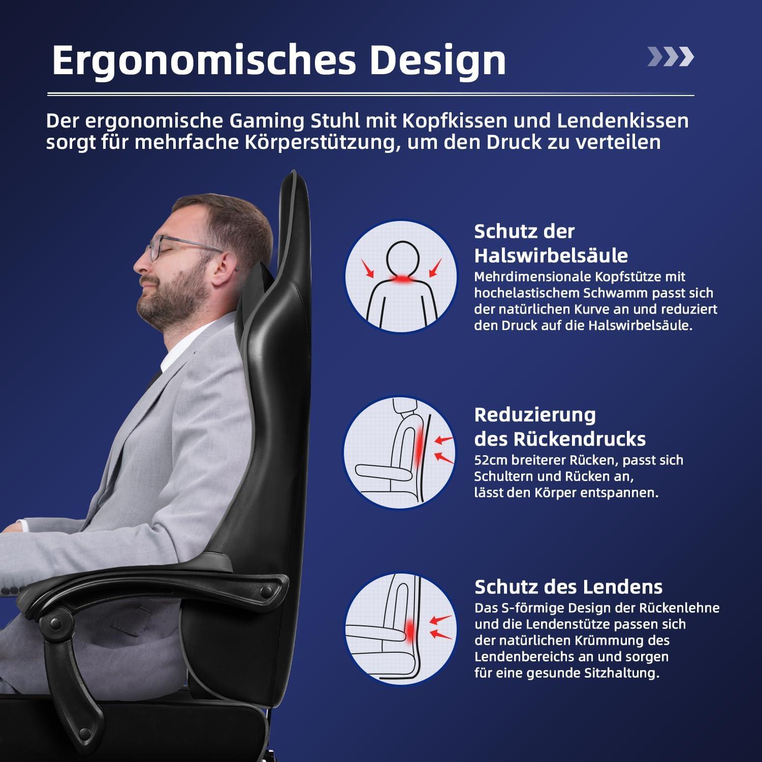Ergonomischer Gaming Stuhl mit Fußstütze und 150 kg Belastbarkeit