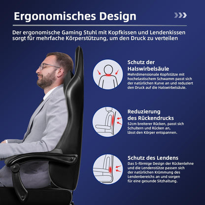 Ergonomischer Gaming Stuhl mit Fußstütze und 150 kg Belastbarkeit