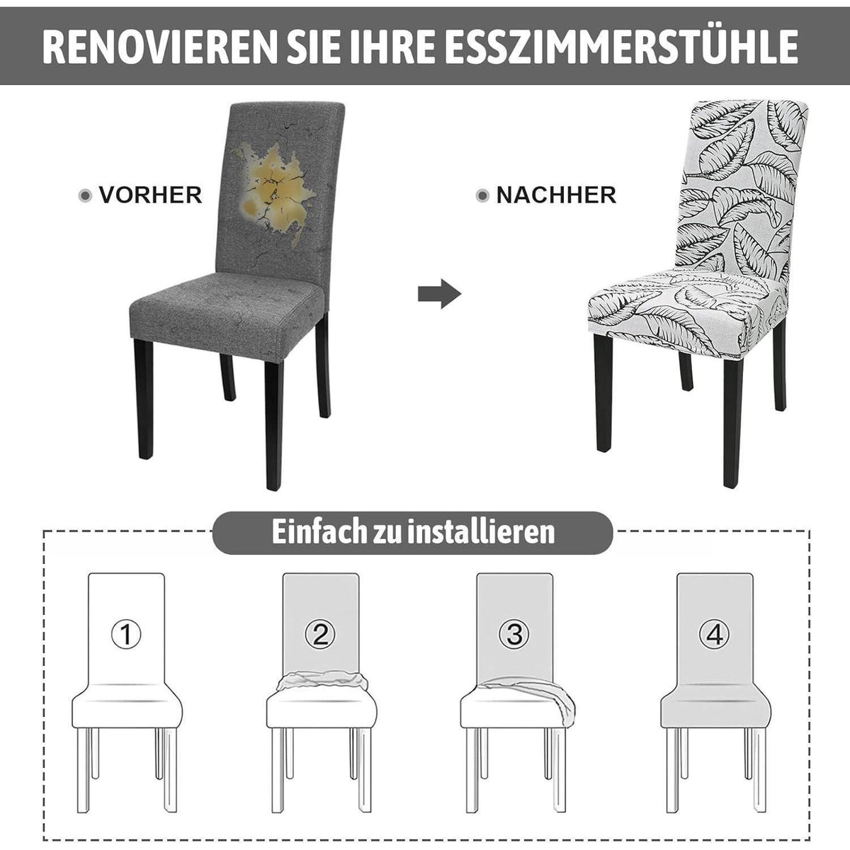 Stretch Stuhlhussen 6er Set Jacquard – Laubmuster