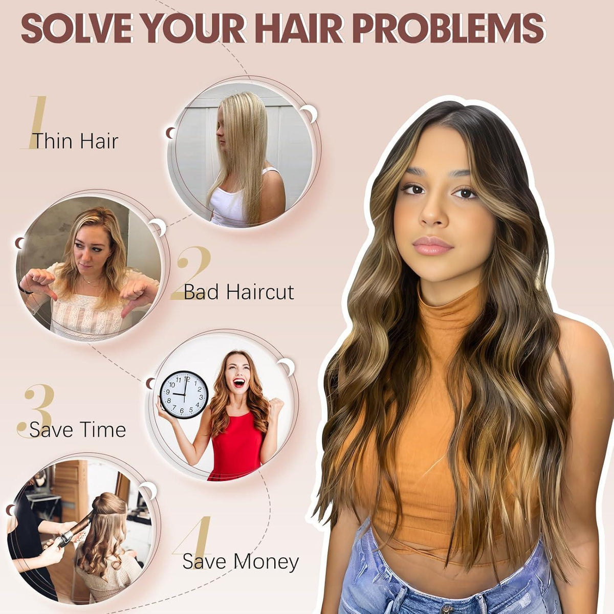 Clip-in Haarverlängerung Wellig Schwarz Braun Gemischt 50cm