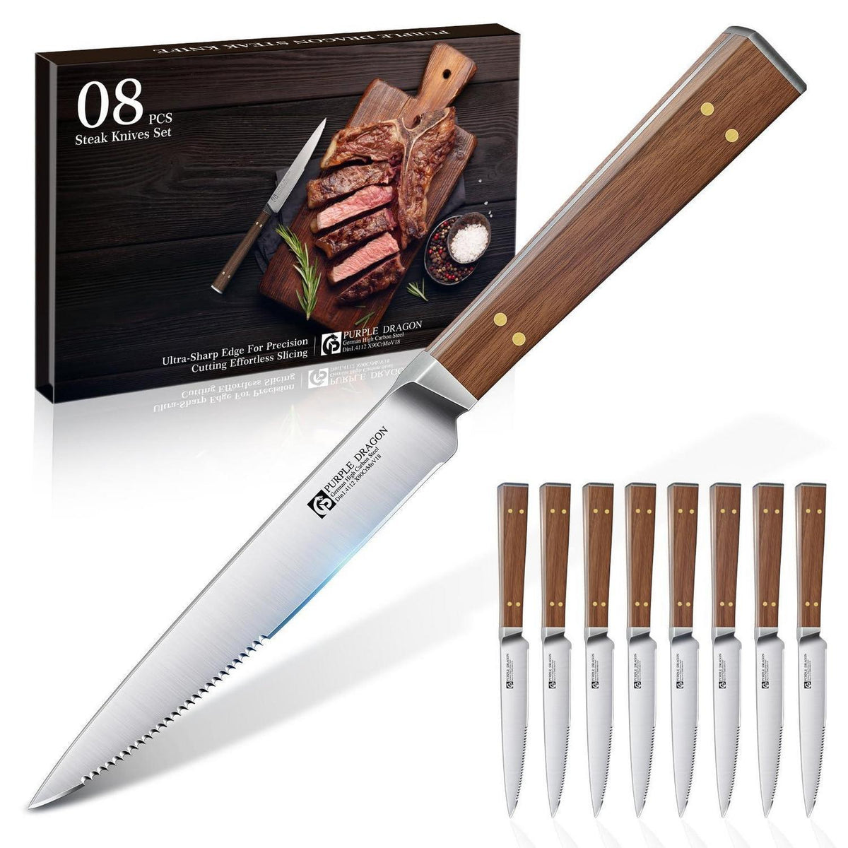 Steakmesser Set 8er Pack mit Wellenschliff & Holzgriff