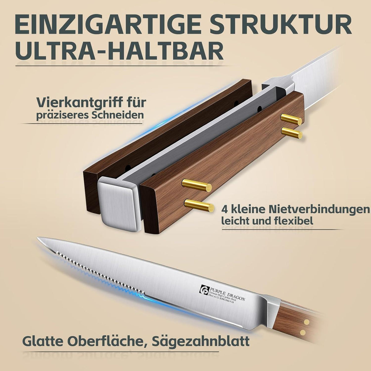 Steakmesser Set 8er Pack mit Wellenschliff & Holzgriff