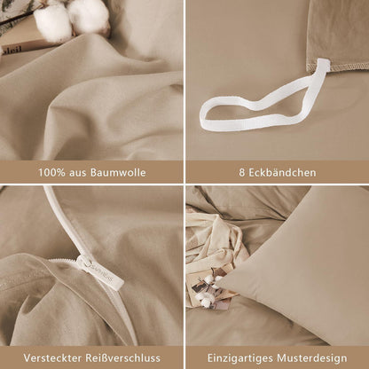 Gewaschene Baumwoll Bettwäsche Set 200x200 cm, Khaki 3tlg.