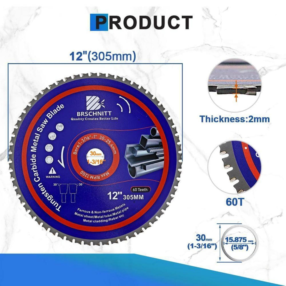 Kreissägeblatt Metall 305mm 60T TCT 3 Stück 30/25.4mm