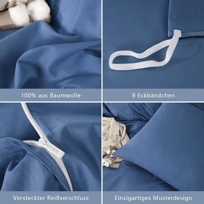 3tlg. Bettwäsche-Set 200x200 cm, Marineblau, Gewaschene Baumwolle
