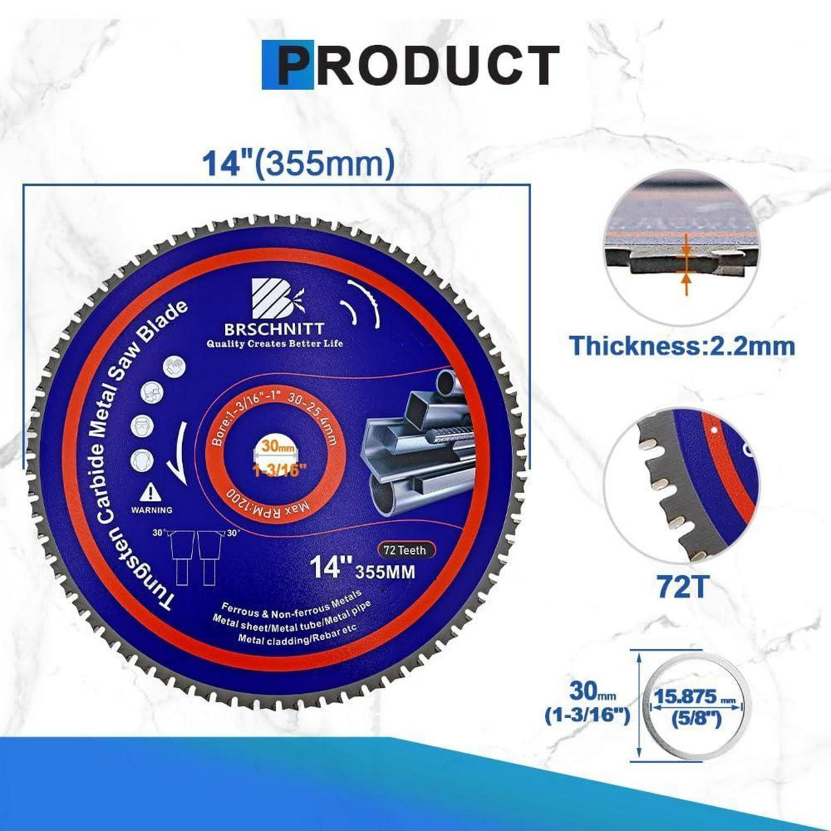 Kreissägeblatt Metall 355mm 72T TCT 30/25.4mm 5 Stück