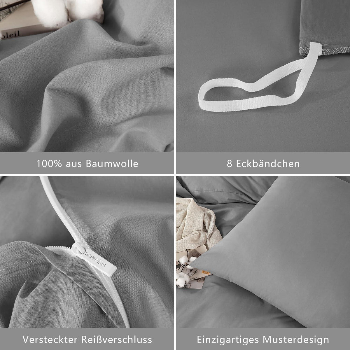 Gewaschene Baumwoll Bettwäsche Set 200x200 cm, Grau 3tlg.