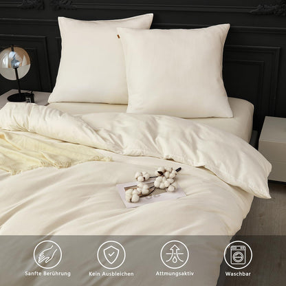 3tlg. Bettwäsche 200x220cm Baumwolle Weiß Gewaschener Leinen-Look