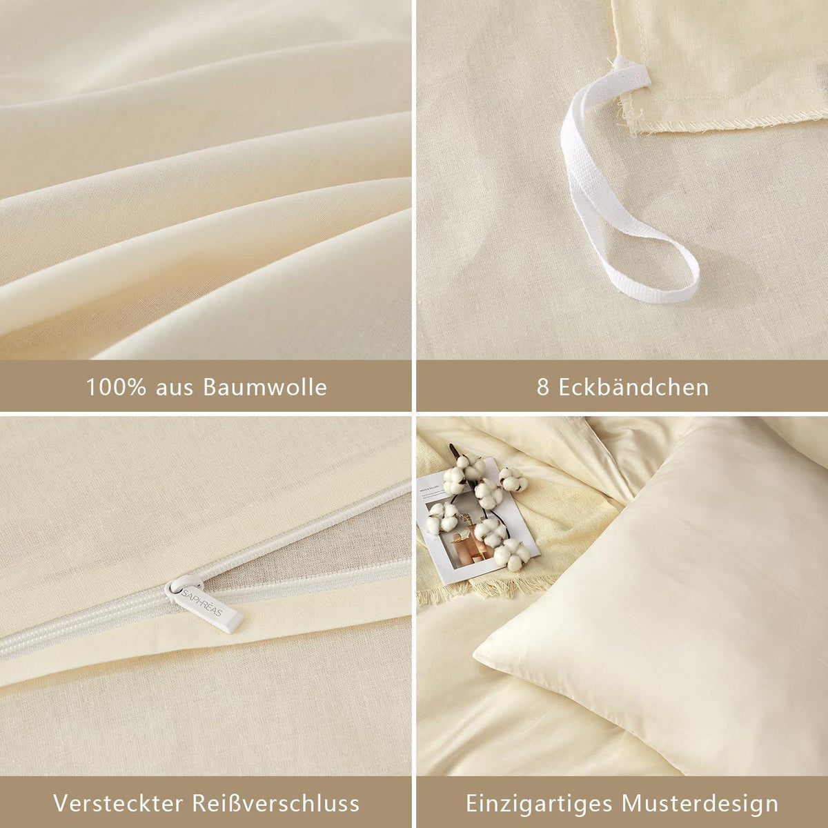 3tlg. Bettwäsche-Set 200x200 cm, Gewaschene Baumwolle, Cremeweiß