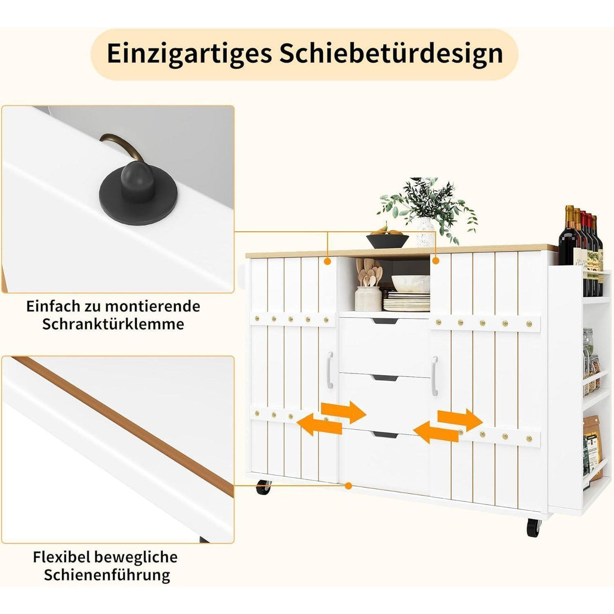 Klappbarer Küchenwagen mit Schiebetüren & Schubladen (Weiß)