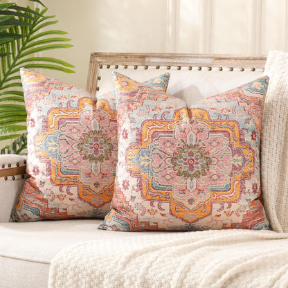 2 Boho Kissenbezüge Orange 45x45 cm - Blumenmuster & Vintage Stil