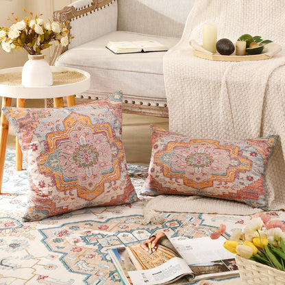 2 Boho Kissenbezüge Orange 45x45 cm - Blumenmuster & Vintage Stil