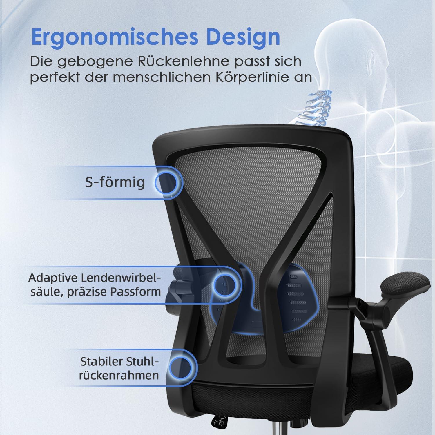 Ergonomischer Bürostuhl mit Wippfunktion und Armlehnen, 360° Drehstuhl