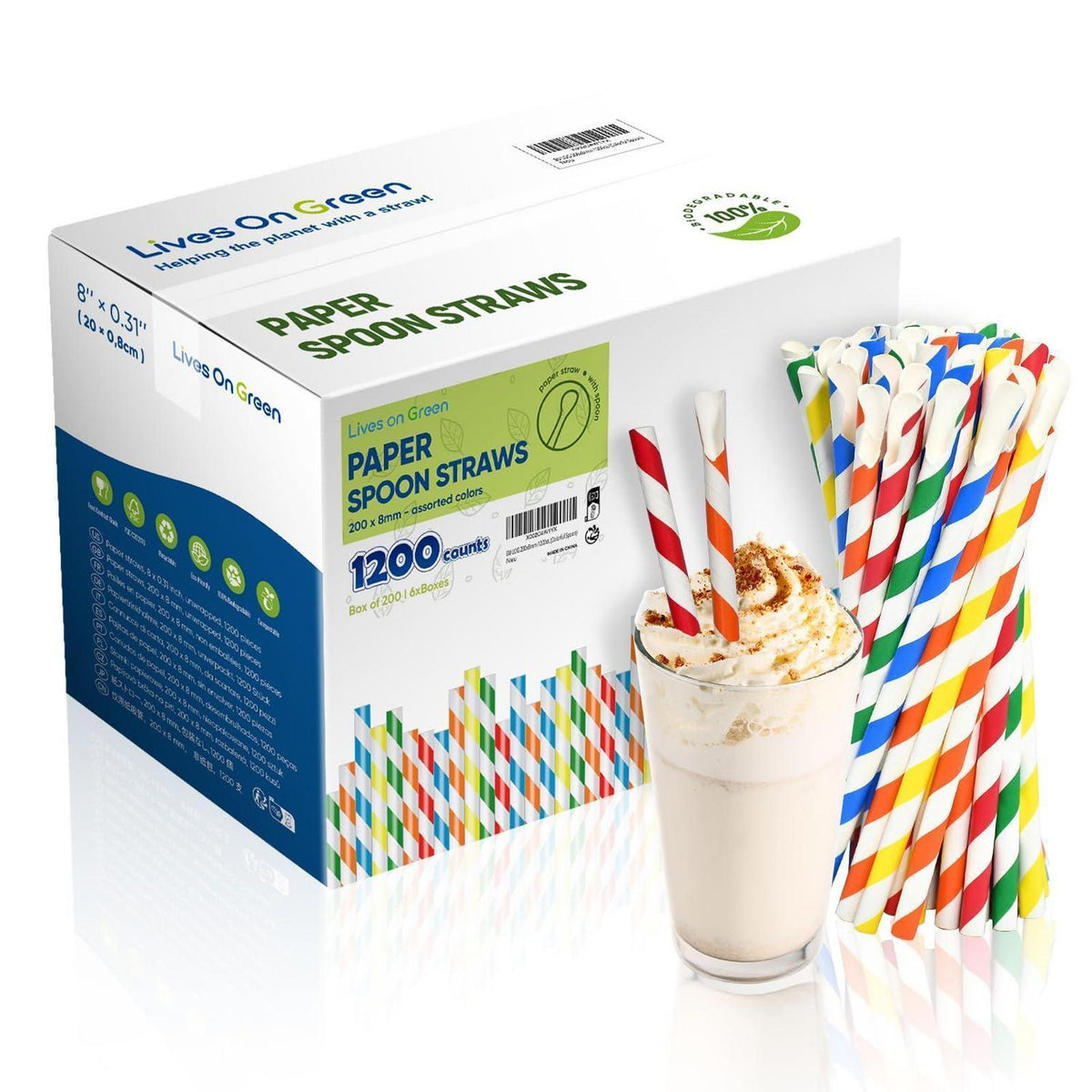 Papierstrohhalme mit Löffel – Bunte Streifen, 1200er Pack