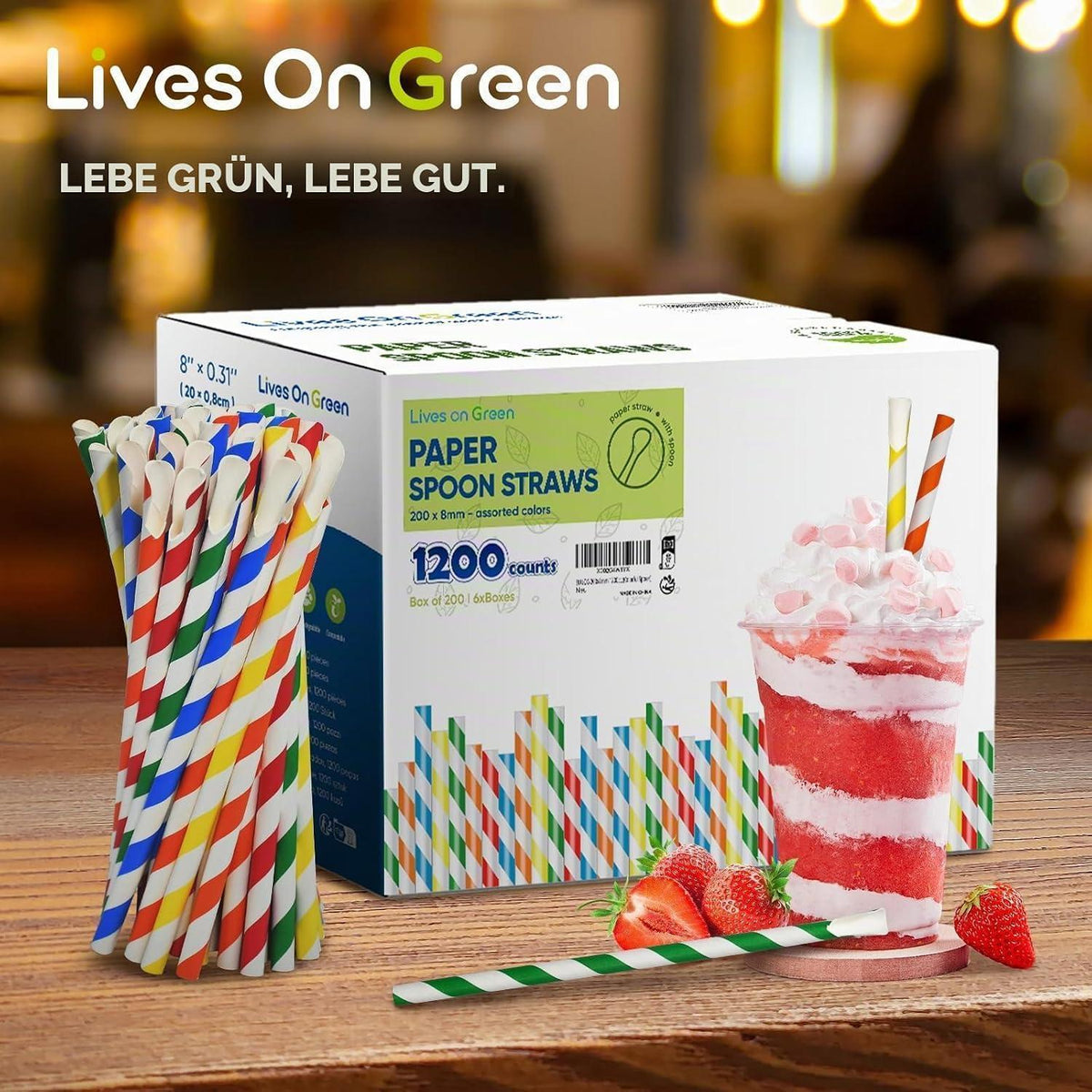 Papierstrohhalme mit Löffel – Bunte Streifen, 1200er Pack