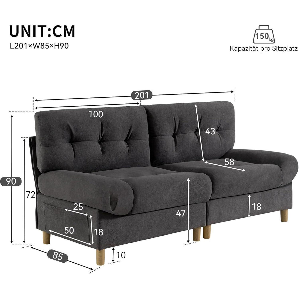 Wolkensofa Grau, 2-Sitzer mit Teddy-Samt & Seitentaschen