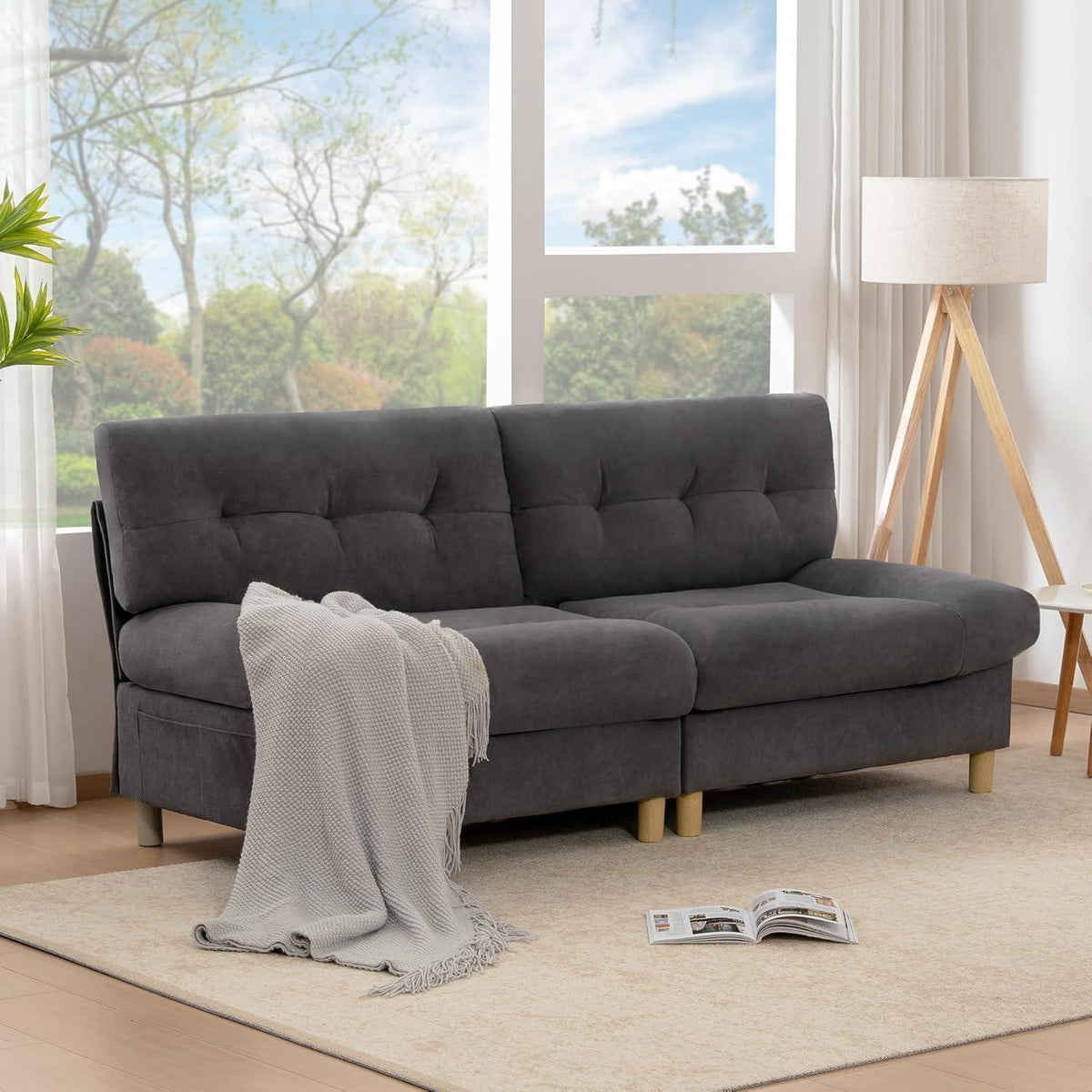 Wolkensofa Grau, 2-Sitzer mit Teddy-Samt & Seitentaschen