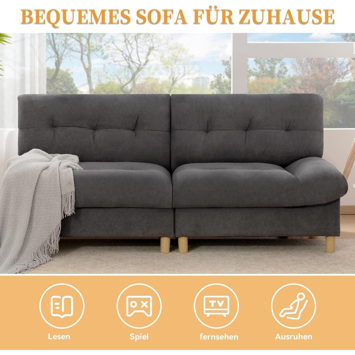 Wolkensofa Grau, 2-Sitzer mit Teddy-Samt & Seitentaschen