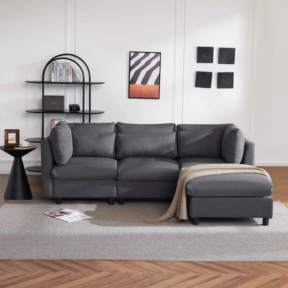 Graues Ecksofa 220cm mit Fußhocker & Lendenkissen